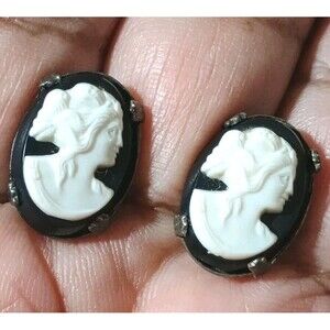 Cameo Black White Sterling Silver Vintage Screw Back Earrings